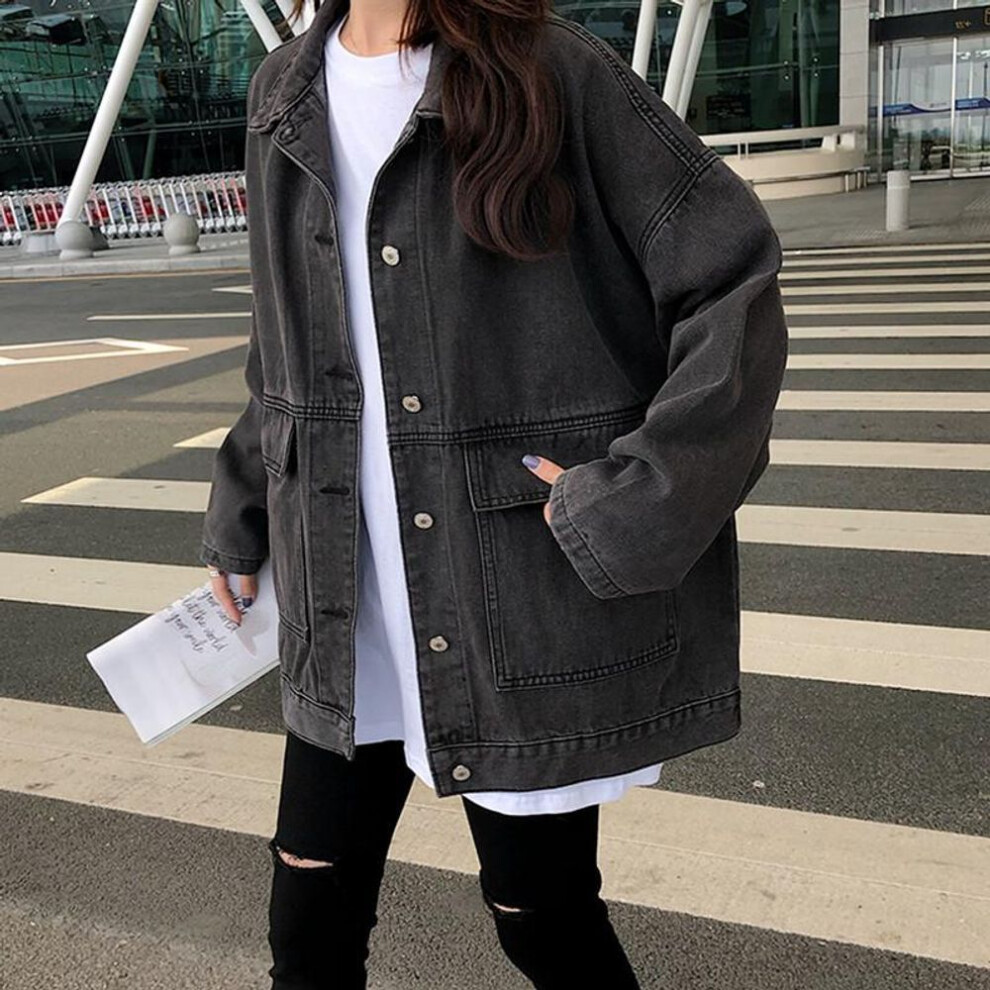 (black, L) Women&apos;s Loose Denim Jacket Autumn Women Long Sleeve Loose Female Girls Outwear Oversize Casual Jean Coats