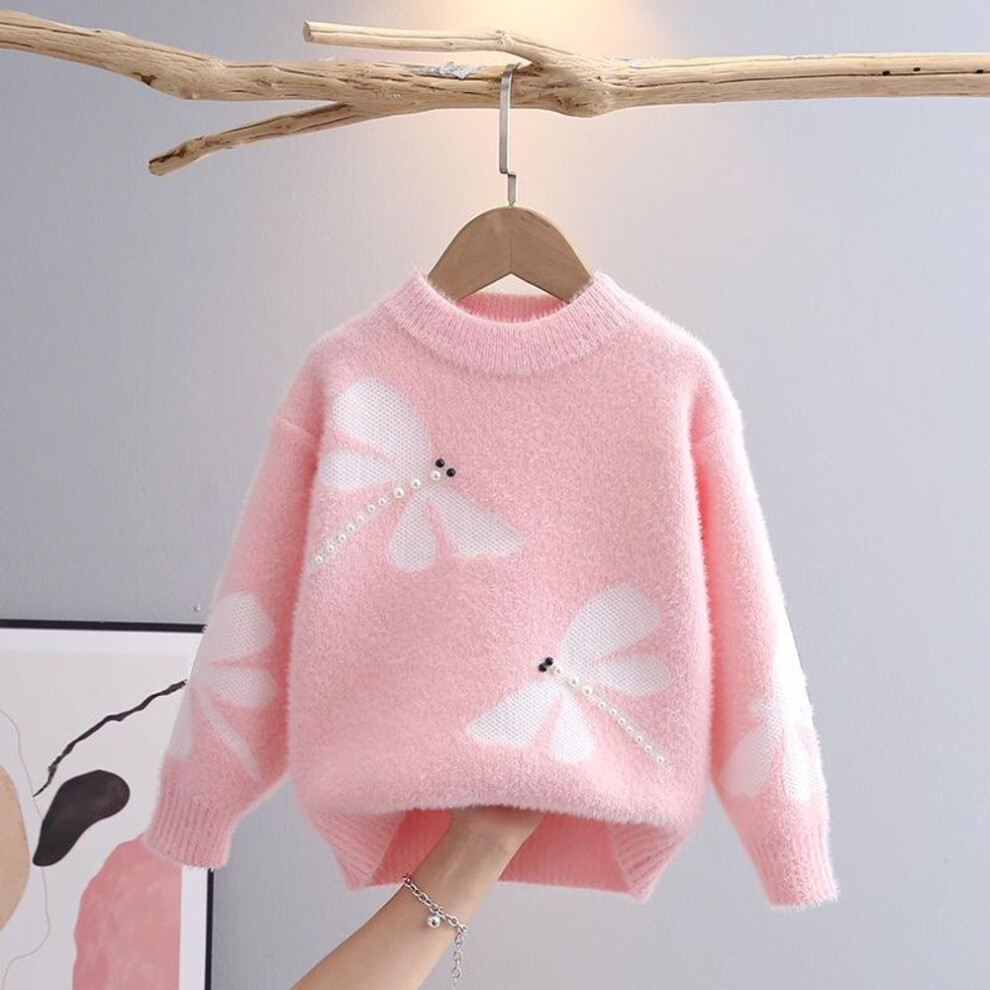 (pink, 150) Children&apos;s Sweater Autumn Winter Baby Dragonfly Pattern Pullover Bottoming Shirt Girls Preppy Style Sweaters