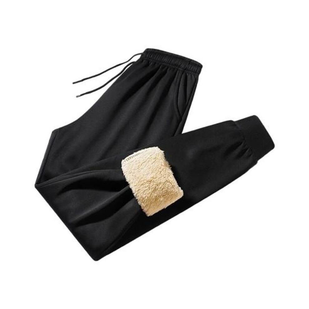 (black, M) Winter Men Pants Thick Fleece Drawstring Elastic Waist Heat Retention Pockets Solid Color Warm Sport Travel Work Trousers