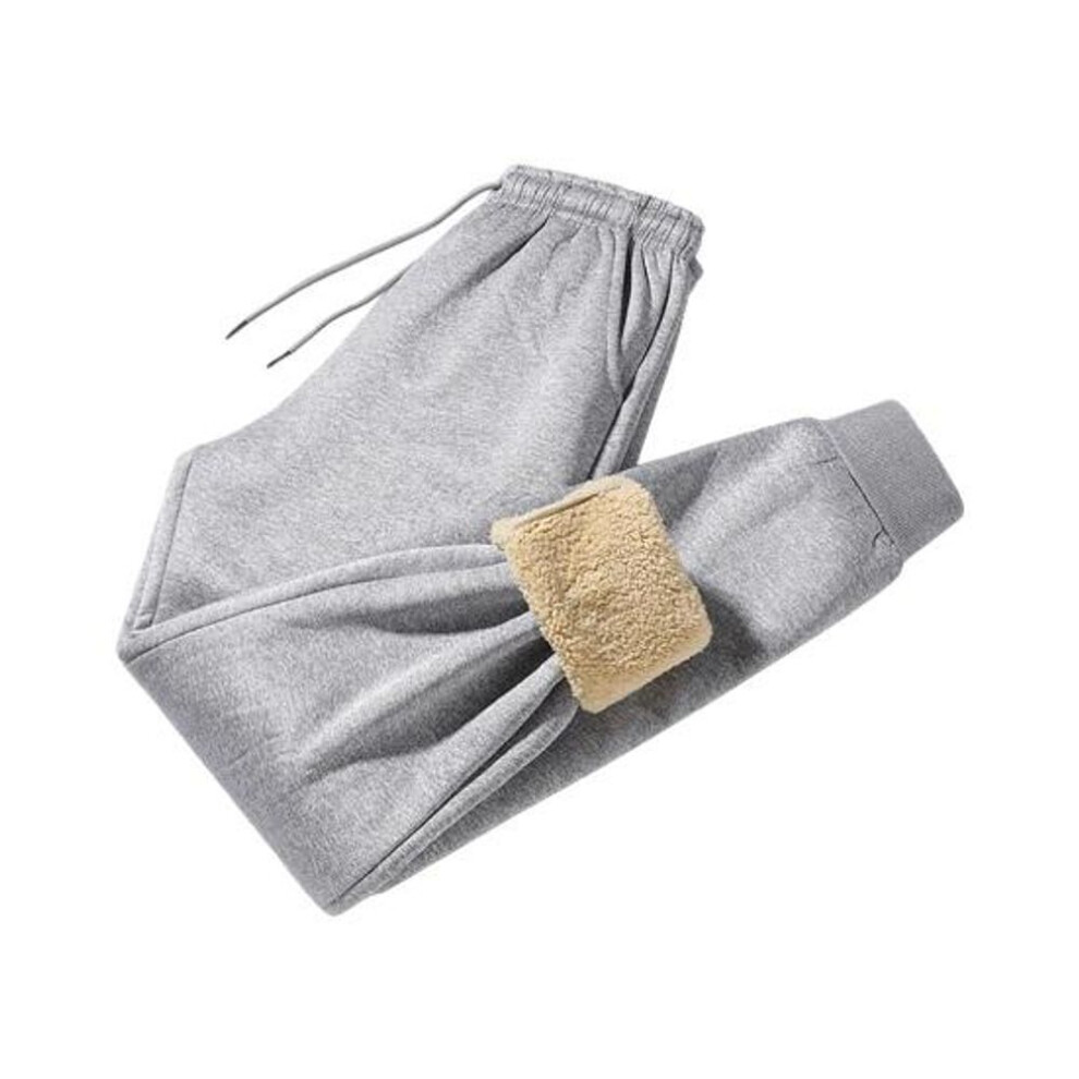 (grey, L) Winter Men Pants Thick Fleece Drawstring Elastic Waist Heat Retention Pockets Solid Color Warm Sport Travel Work Trousers