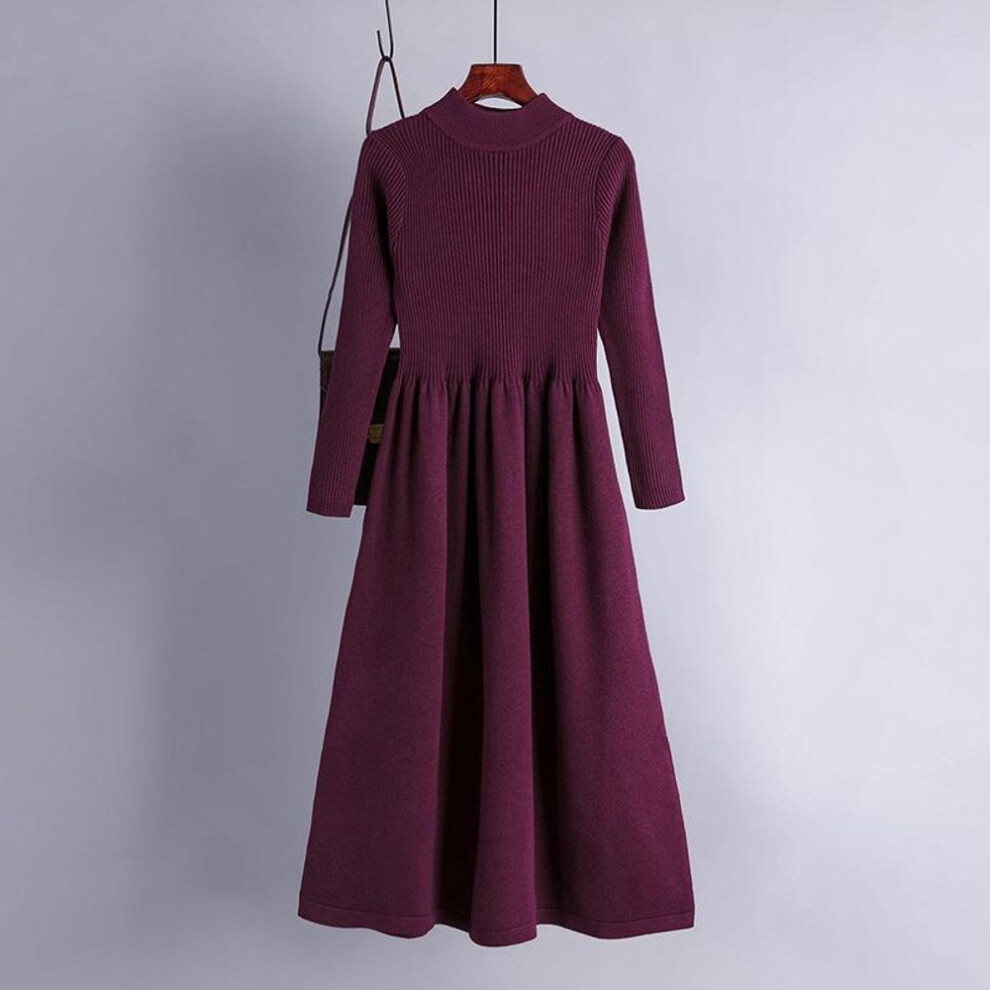 (fuchsia, One Size) Women Spring Chic Solid Knitted Sweater Dress Full Sleeve Half High Collar Ladies Temperament Black Blue Khaki Apricot Fuchsia