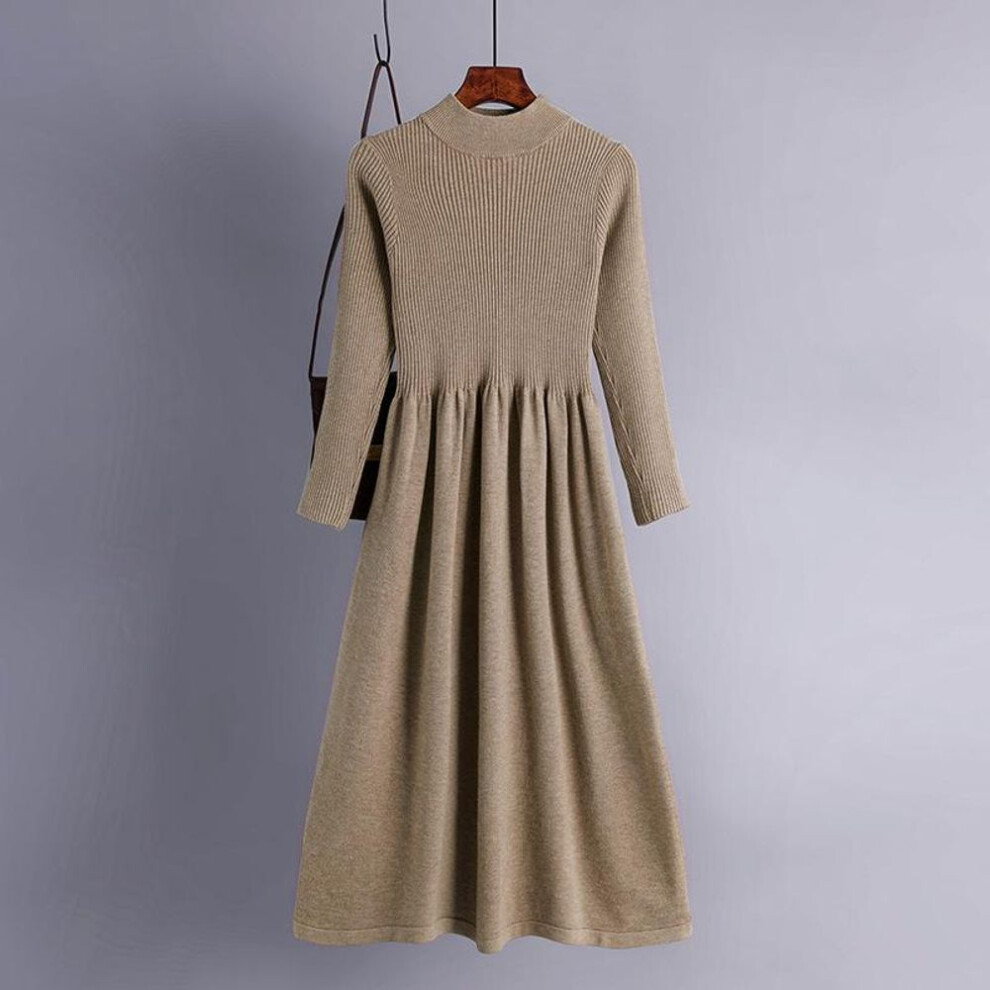 (khaki, One Size) Women Spring Chic Solid Knitted Sweater Dress Full Sleeve Half High Collar Ladies Temperament Black Blue Khaki Apricot Fuchsia