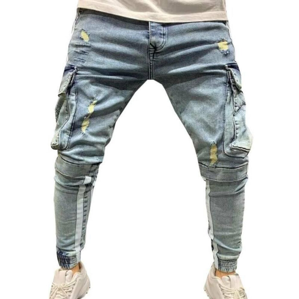 (light blue, S) Mens Ripped Destroyed Jeans Male Frayed Denim Pants Big Pocket Skinny Leg Slim Fit Trousers