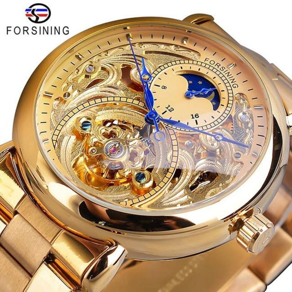 (gold) Forsining Automatic Mechanical Business Watch Mens Clock Golden Moon Phase Steel Strap Wrist Watches Top Brand