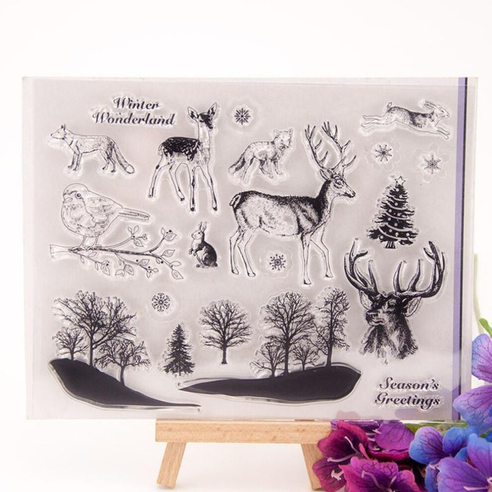 (No.7-Deer Forest) Merry Christmas Transparent Silicone Clear Stamps For Seal Diy Scrapbooking Photo Album Decor Santa Claus Snowman Deer Tree