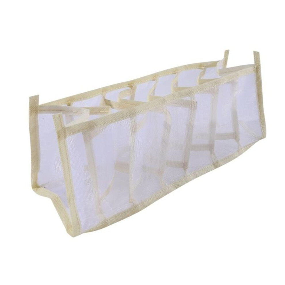 (beige, 7 grid) Mesh Underwear Socks Organizer Collapsible Closet Drawer Divider Organizer Box