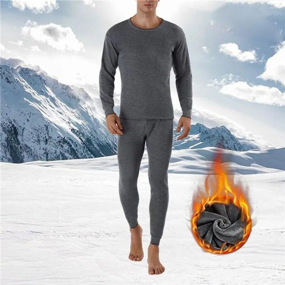 (A-4XL, cool grey) Winter Men Thermal Underwear Warm Soft Cotton Fleece-lined Warm Panels Long Johns Thermo Clothing Pajamas Set