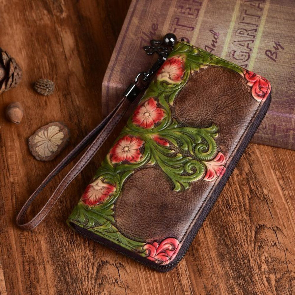(coffee) Johnature First Layer Cow Leather Luxury Women Hand Wallet Retro Embossed Large Clutch Wallets Card Holder Phone Purse