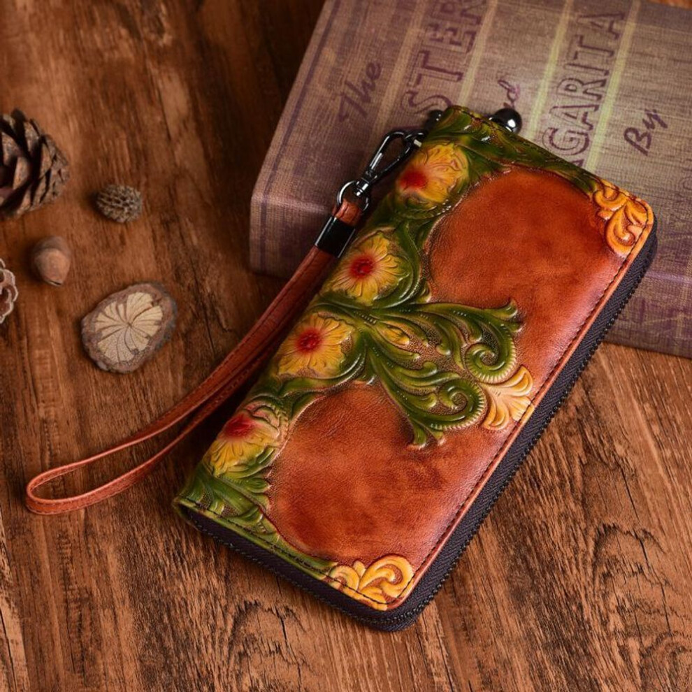 (brown) Johnature First Layer Cow Leather Luxury Women Hand Wallet Retro Embossed Large Clutch Wallets Card Holder Phone Purse
