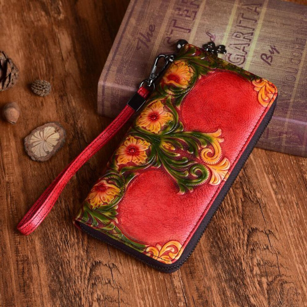 (red) Johnature First Layer Cow Leather Luxury Women Hand Wallet Retro Embossed Large Clutch Wallets Card Holder Phone Purse