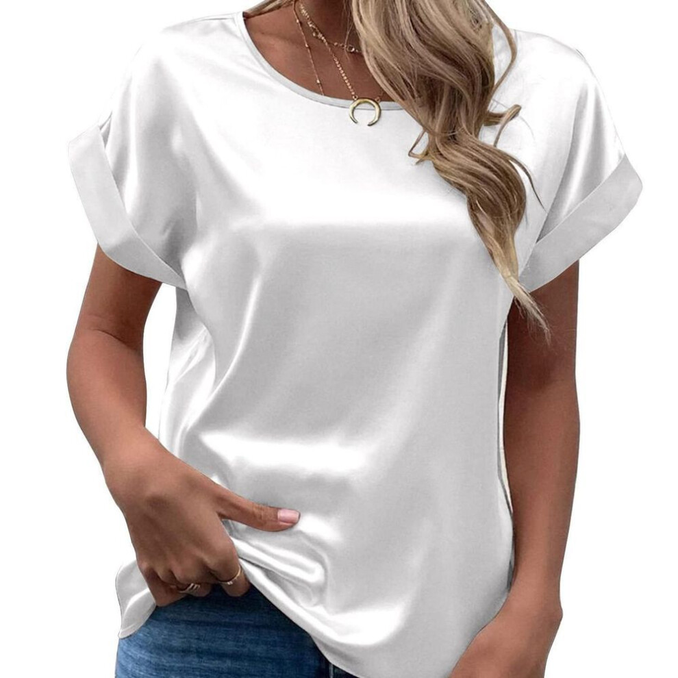 (S, white) Spring Summer New Women&apos;s Short Sleeved Satin Shirt Loose And Casual Round Neck Colored Ding T-shirt For Women