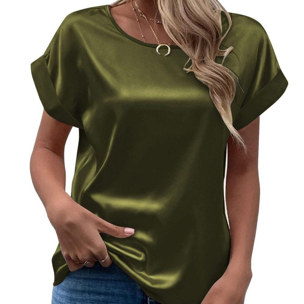 (S, green) Spring Summer New Women&apos;s Short Sleeved Satin Shirt Loose And Casual Round Neck Colored Ding T-shirt For Women