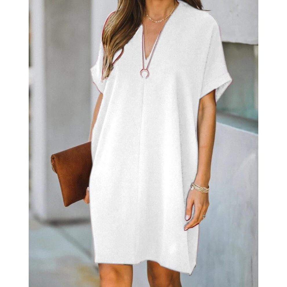 (white, XL) Hot Sale Women&apos;s Clothing V-neck Short-sleeved Solid Color Loose Dress For Women