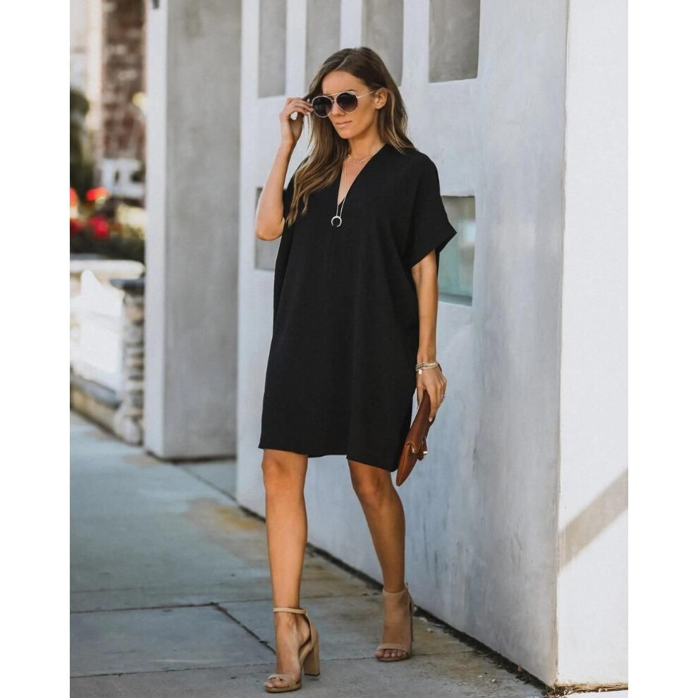 (black, M) Hot Sale Women&apos;s Clothing V-neck Short-sleeved Solid Color Loose Dress For Women