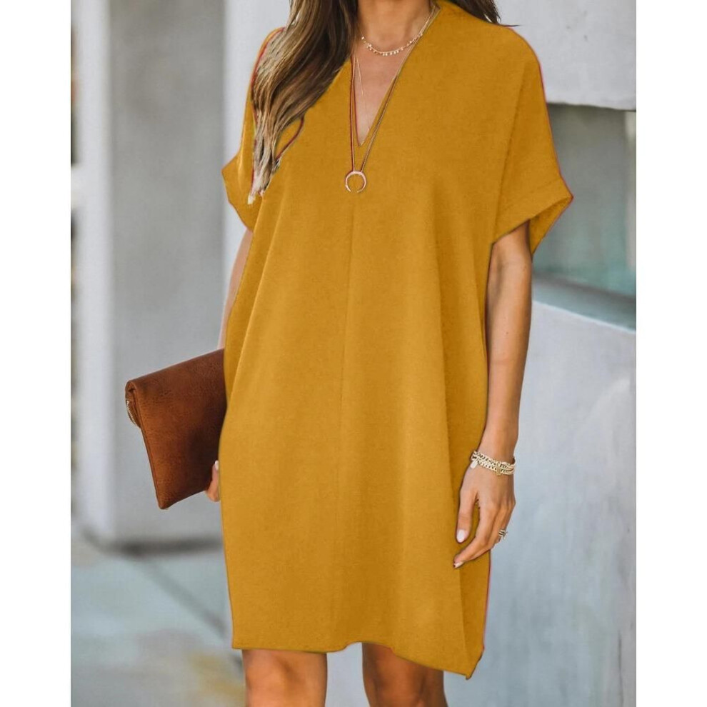 (yellow, M) Hot Sale Women&apos;s Clothing V-neck Short-sleeved Solid Color Loose Dress For Women