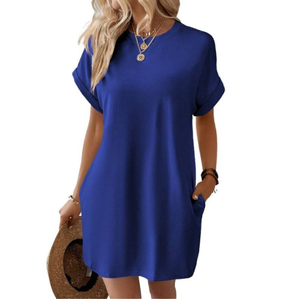 (blue, M) Women&apos;s Spring and Summer New Solid Color Round Neck Casual Breathable Loose Short Sleeve Pocket Dress