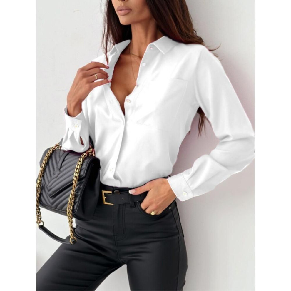 (S, white) Autumn Simple Solid Color V-neck Women&apos;s Shirt Blouse Women&apos;s Clothing