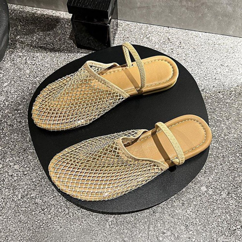(tan, 35) Large Size Flat Bottom Slippers for Women In Summer 2024 Fishing Net Socks Water Diamonds Two Pairs of Sandals for Women
