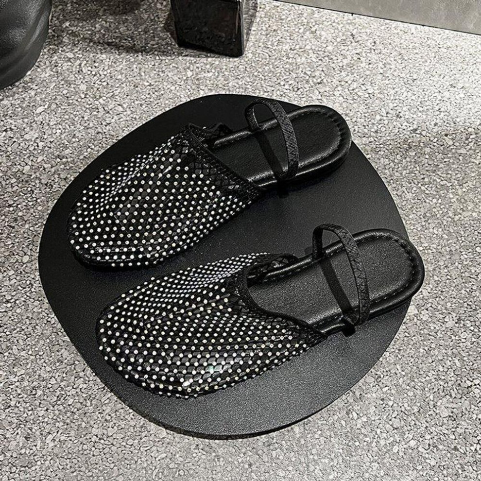 (black, 36) Large Size Flat Bottom Slippers for Women In Summer 2024 Fishing Net Socks Water Diamonds Two Pairs of Sandals for Women