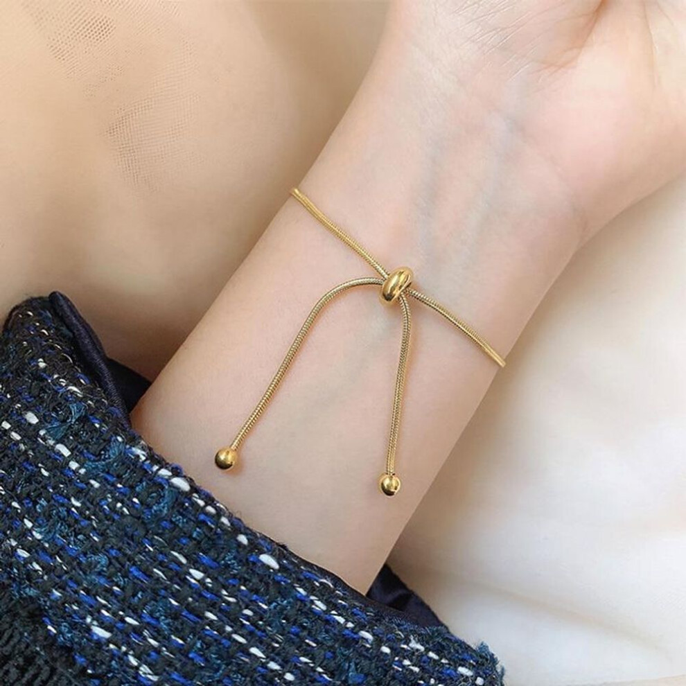 (gold) Simple Design Titanium Steel Pull-out Adjustable Bracelet Gold Color Snake Chain Bangle For Women Girl Men Beads Jewelry Gift