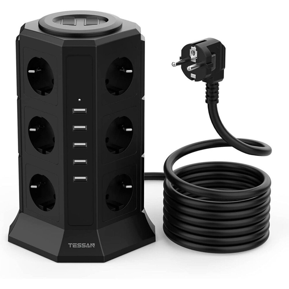 (black, 12 Outlets & 5 USB Ports) Tessan Multi-socket Tower Power Strip With 3/12 Outlets 3/5 Usb Ports Eu Plug Extension Socket Surge Protector For Home Office