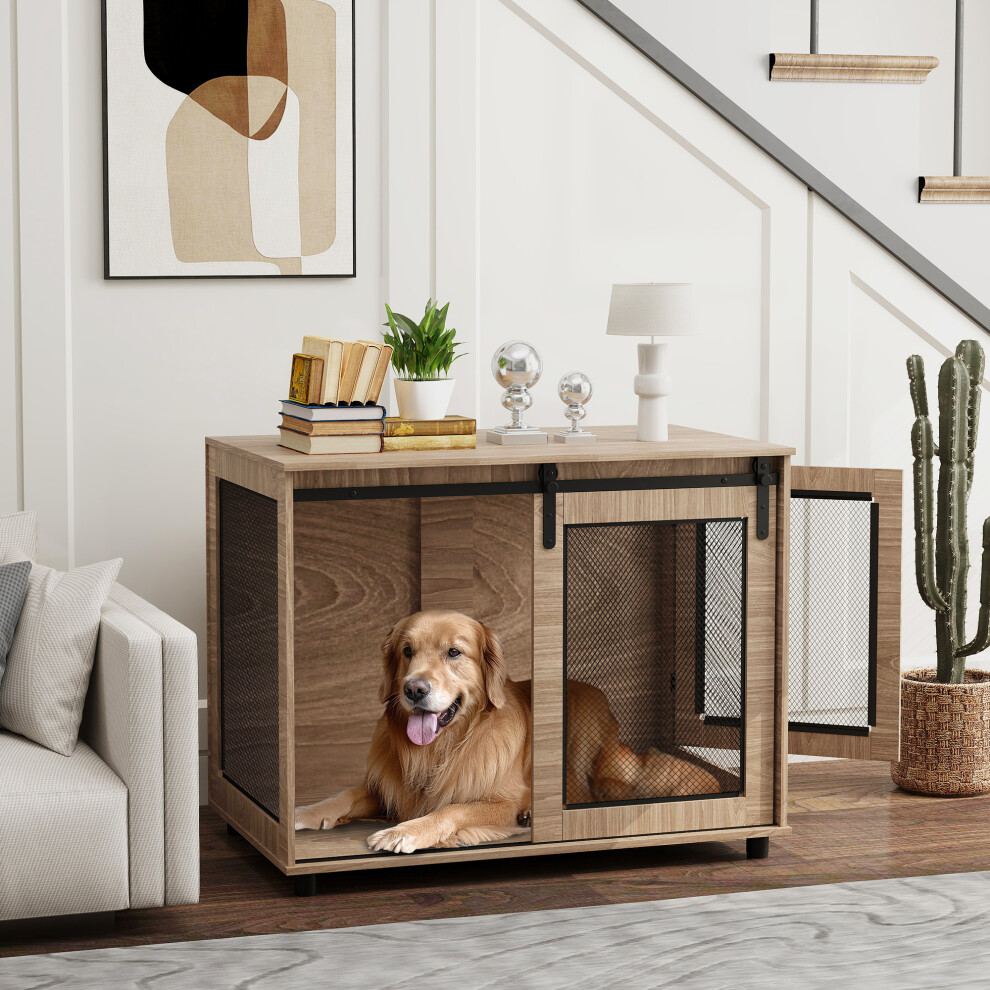 Pawhut Dog Crate Furniture W/ Sliding Door, For Large Dogs, Walnut Brown