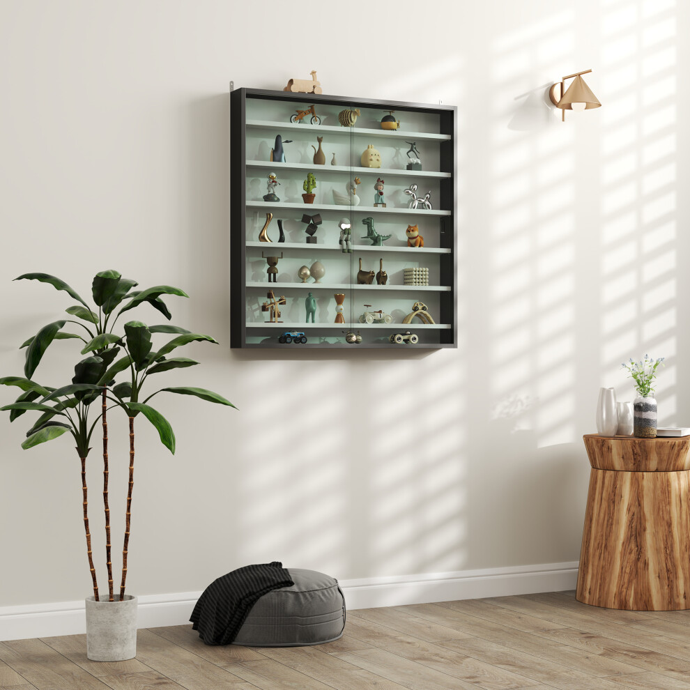 HOMCOM 7-Tier Wall Display Cabinet w/ Shelves Glass Doors, Black and White