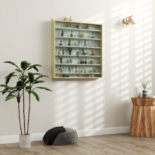 HOMCOM 7-Tier Wall Display Cabinet with Shelves and Glass Doors, Oak