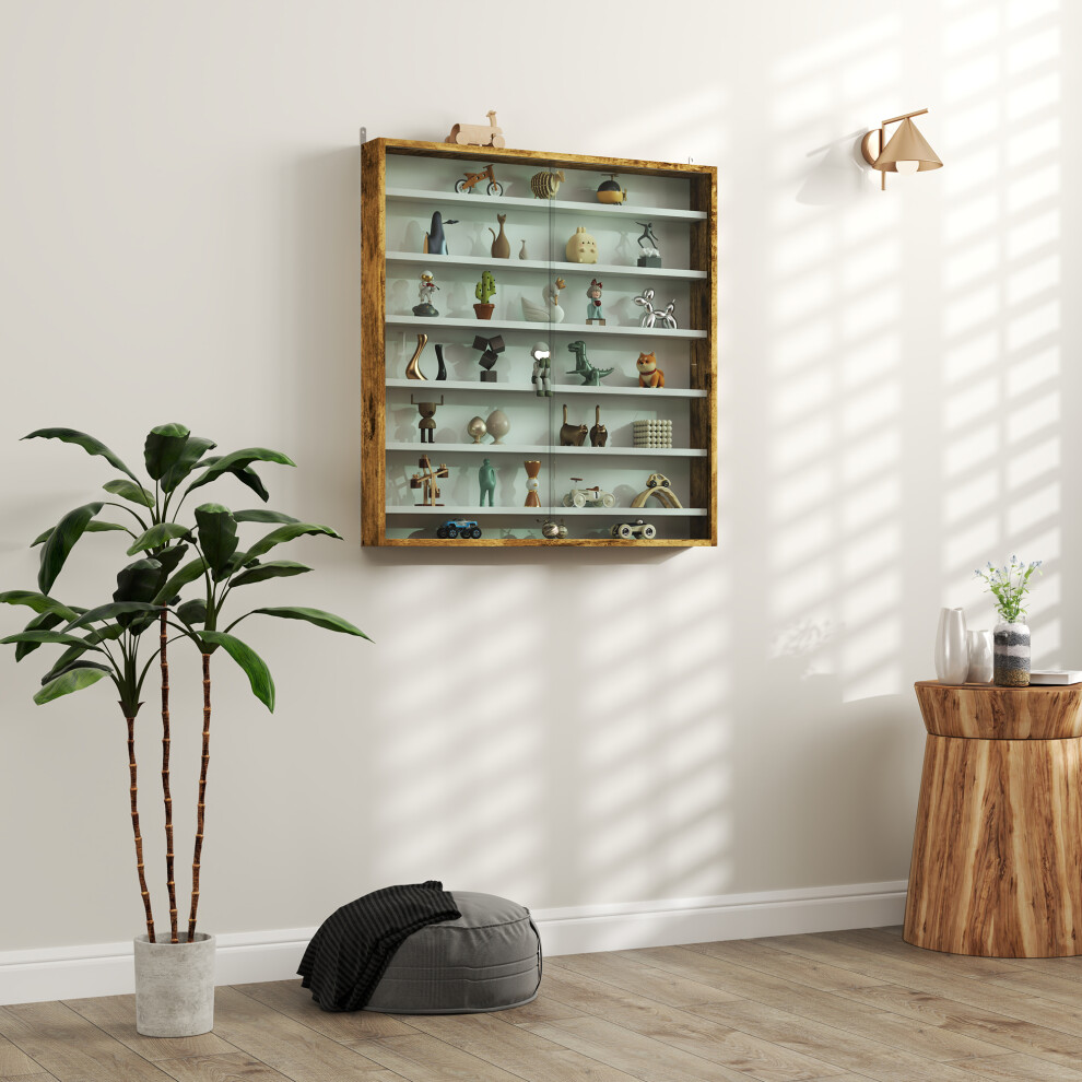 Homcom 7-Tier Wall Display Cabinet W/ Shelves Glass Doors, Rustic Brown