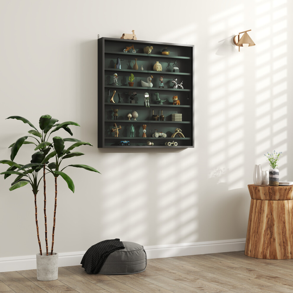 Homcom 7-Tier Wall Display Cabinet W/ Shelves Glass Doors, Black
