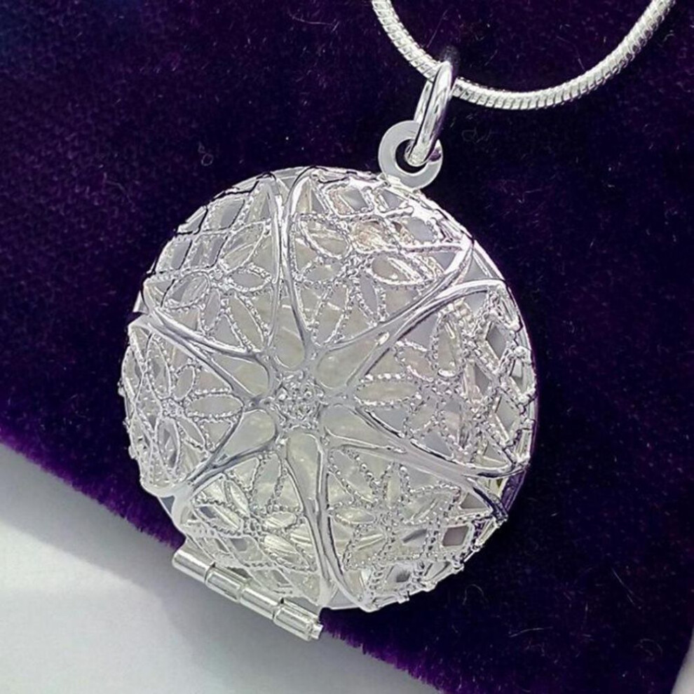 Women Photo Locket Hollow Round Pendant Snake Chain Necklace Gift