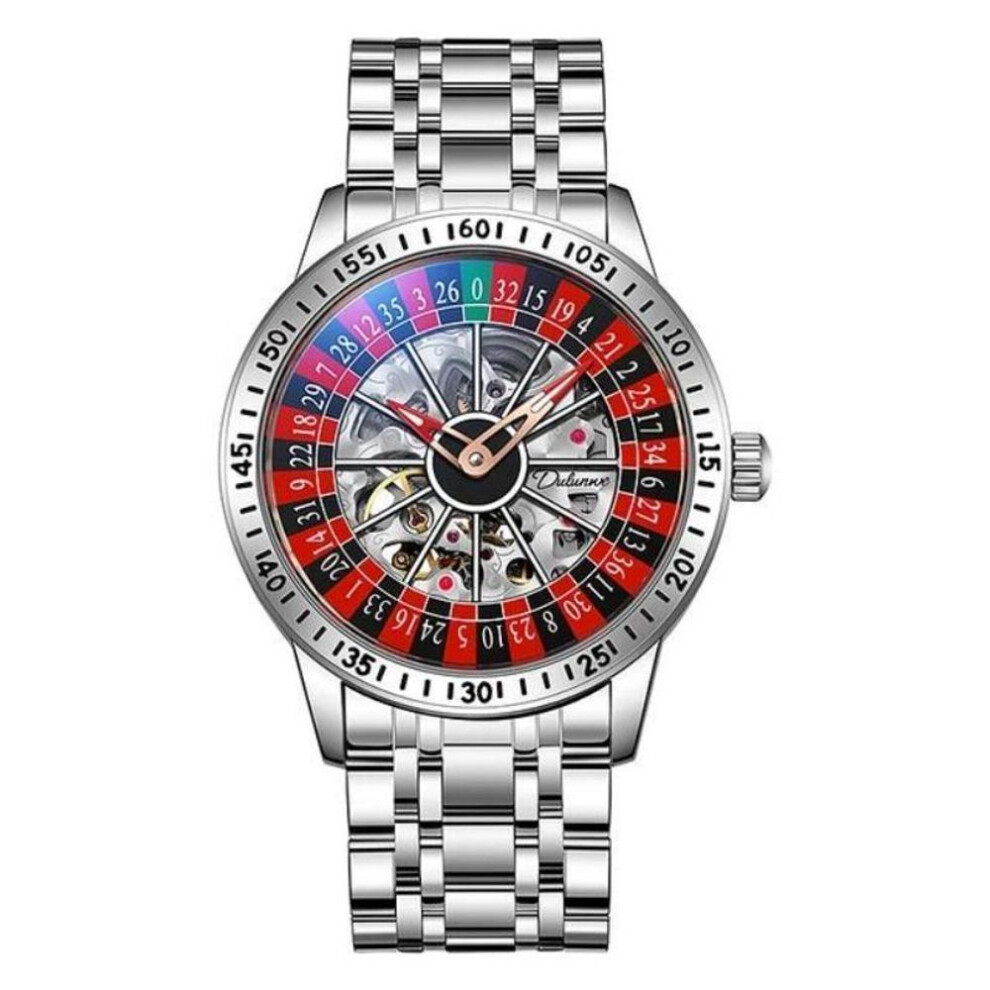 (silver,red) Dulunwe Swinging Rotary Dial Design Hollow Skeleton Watches Business Trendy Men Wristwatch Roulette Wheel Automatic Mechanical Watch