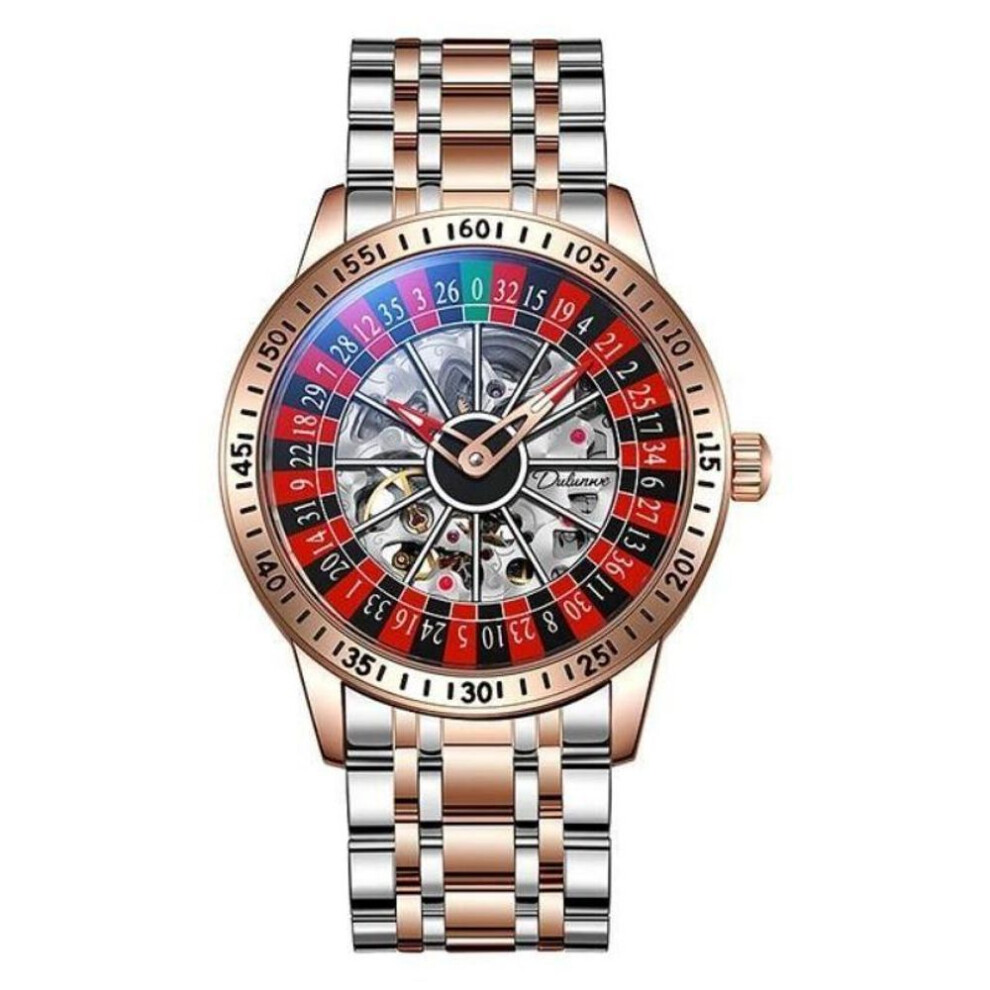 (rose,red) Dulunwe Swinging Rotary Dial Design Hollow Skeleton Watches Business Trendy Men Wristwatch Roulette Wheel Automatic Mechanical Watch