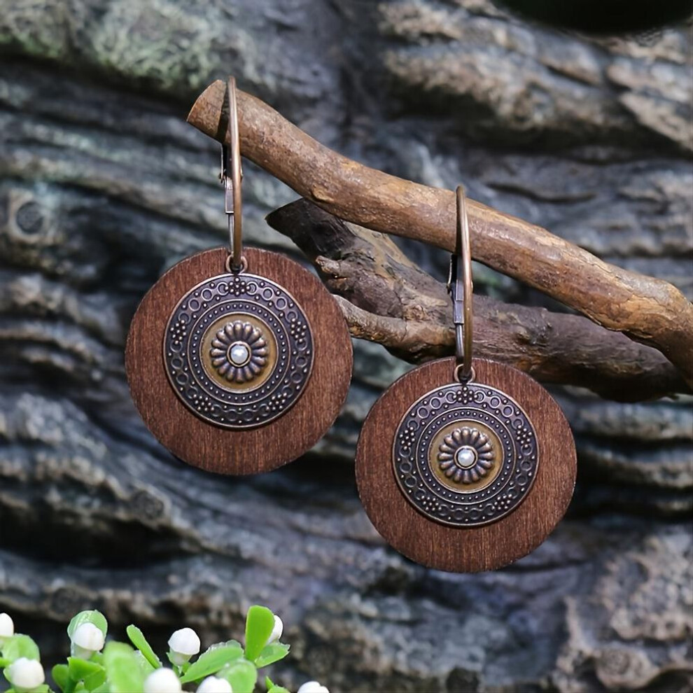 (brown) Vintage Style Women&apos;s Earrings Round Wood Bronze Alloy Double Pendant Set With Pearl Embellished Earrings