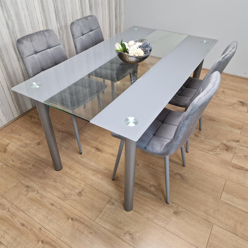 Dining Table Clear Glass and 4 Velvet Grey Chairs Dining Room