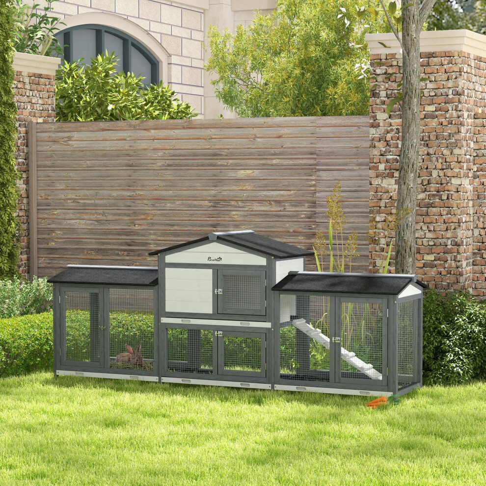 Pawhut Grey Rabbit Hutch, Guinea Pig Hutch, 2-Tier Bunny House W/ Run,