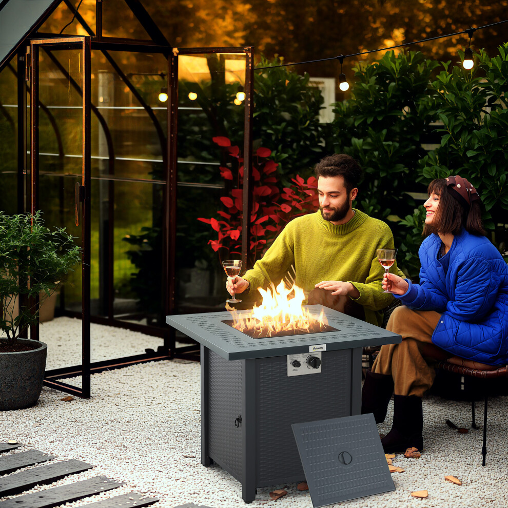 Outsunny Outdoor Square Fire Pit Table W/ Lid And Lava Rocks Dark Grey