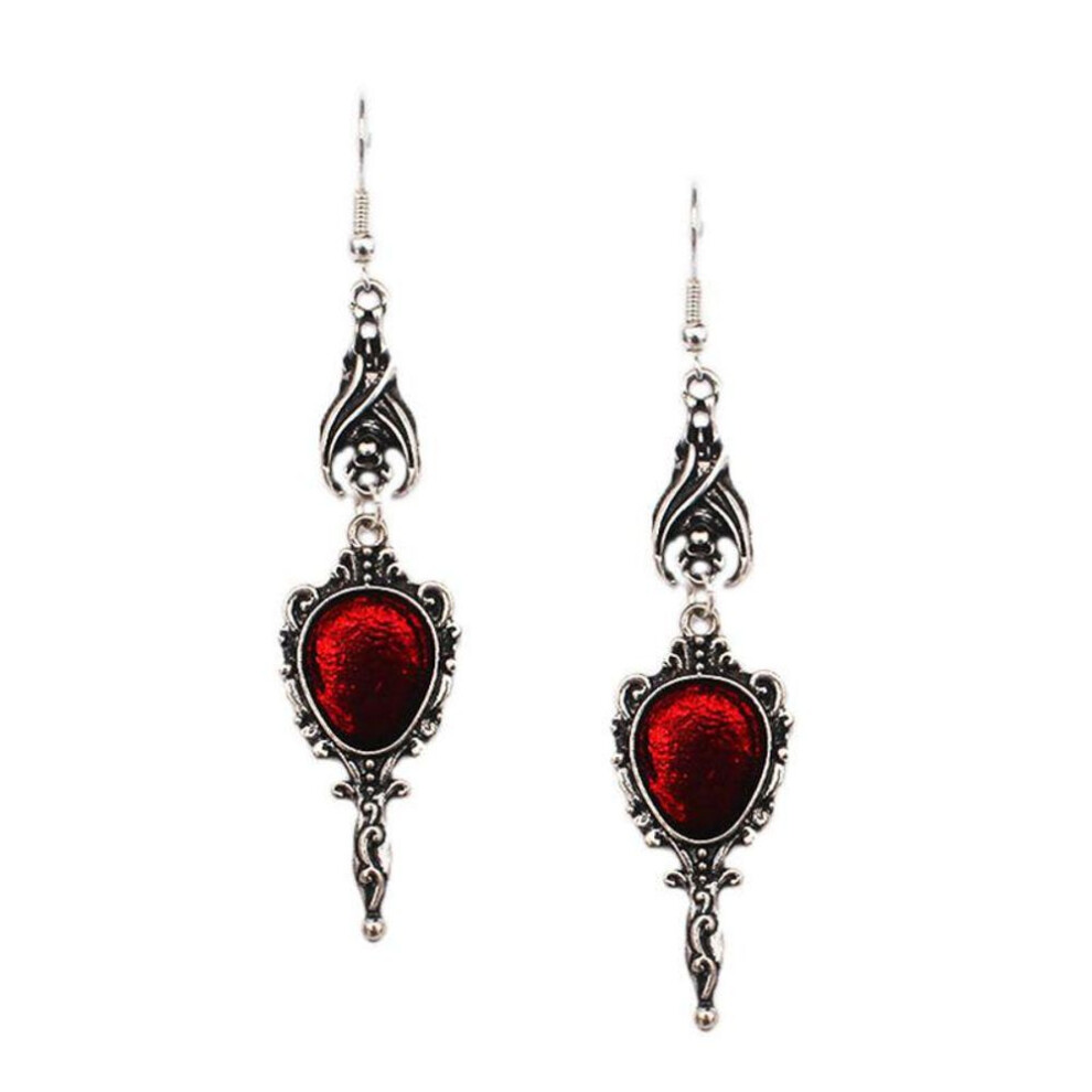 Antique Silver Vampire Bat Magic Mirror Drop Earrings Gothic Punk Halloween Dangling Jewelry Party