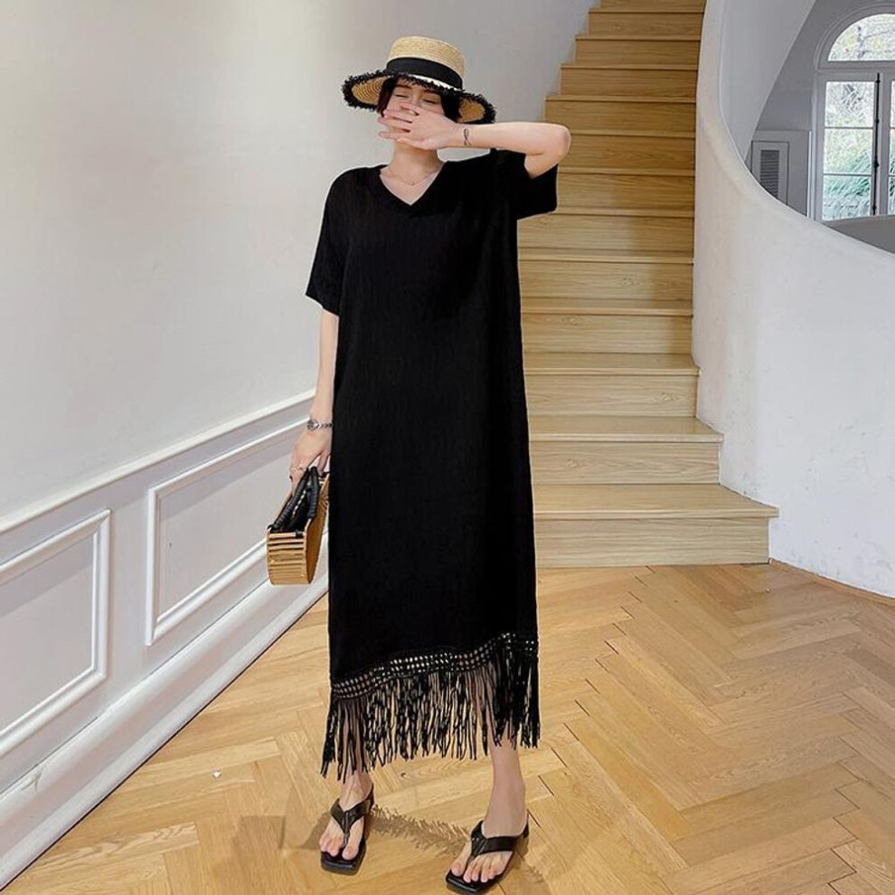 (black, 3XL) Dimanaf 2024 Plus Size Summer Shirt Dress Women V-neck Spliced Tassel Cotton Long Dress Casual Loose Short Sleeve Dress