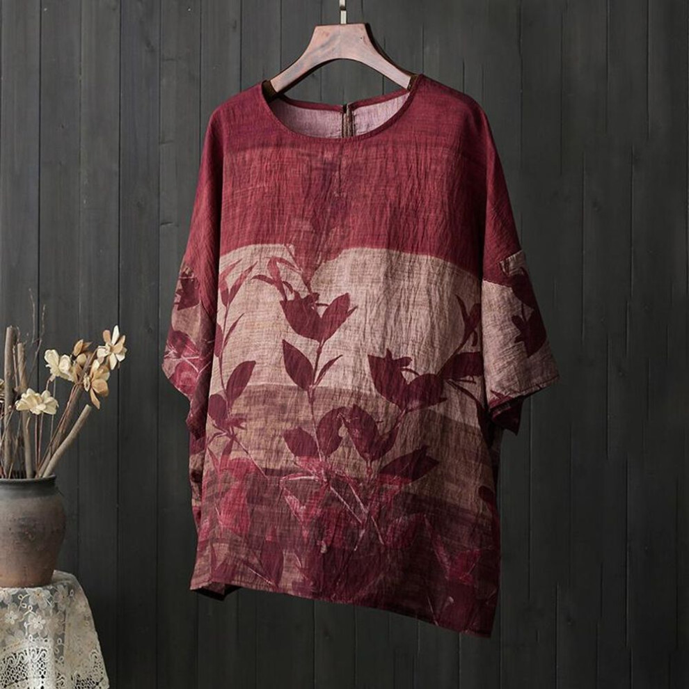 (One Size, red) Dimanaf 2024 Summer Plus Size Women T-shirts Print Floral Elegant Batwing Sleeve Tops Tees Loose Casual Linen Shirt 5512