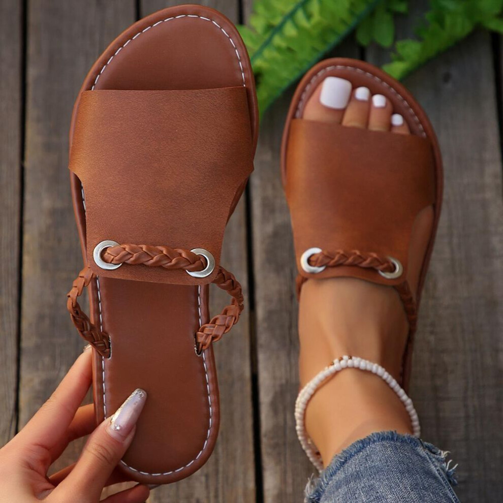 (brown, 40) Women Leather Flip Flops Slippers Women&apos;s Summer Fashion Flats Sandals Slippers