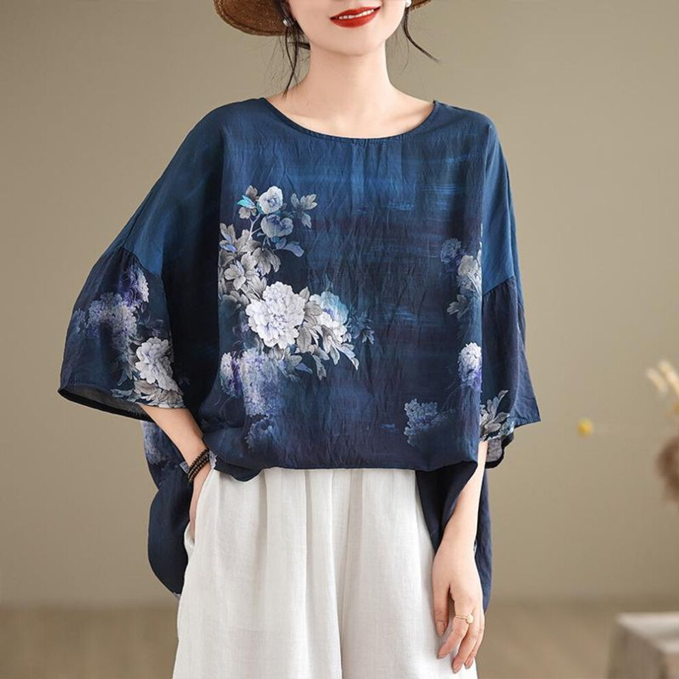 (One Size, as the picture) Dimanaf 2024 Summer Plus Size Women T-shirts Print Floral Elegant Batwing Sleeve Tops Tees Loose Casual Linen Shirt 91685