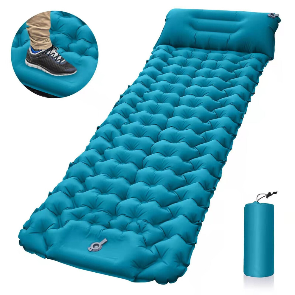 (Peacock Blue) Outdoor Camping Sleeping Pad Portable Foam Inflatable Mattress With Pillows Beach Blanket Air Bed Foldable Mat Tent Mattress