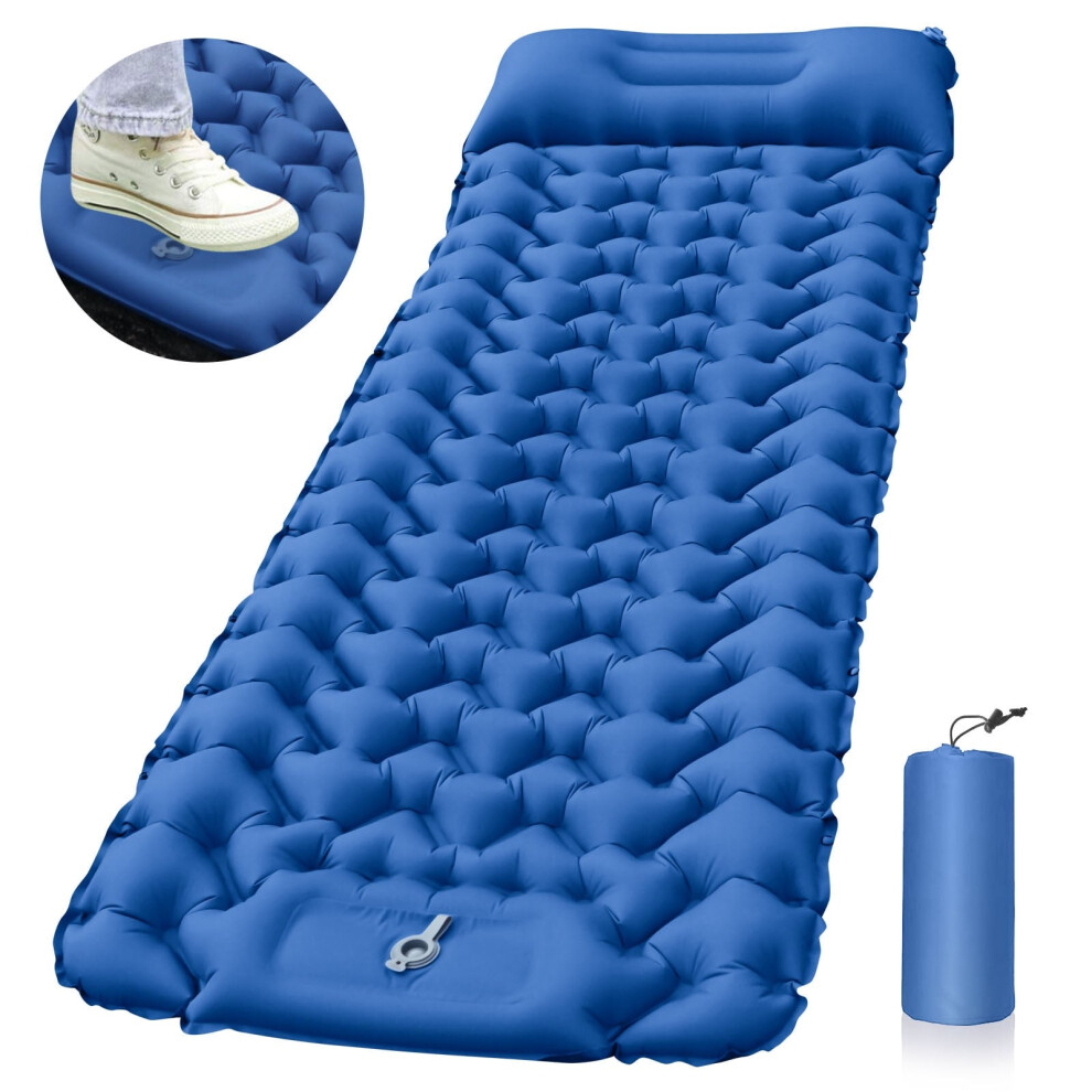 (Blue) Outdoor Camping Sleeping Pad Portable Foam Inflatable Mattress With Pillows Beach Blanket Air Bed Foldable Mat Tent Mattress