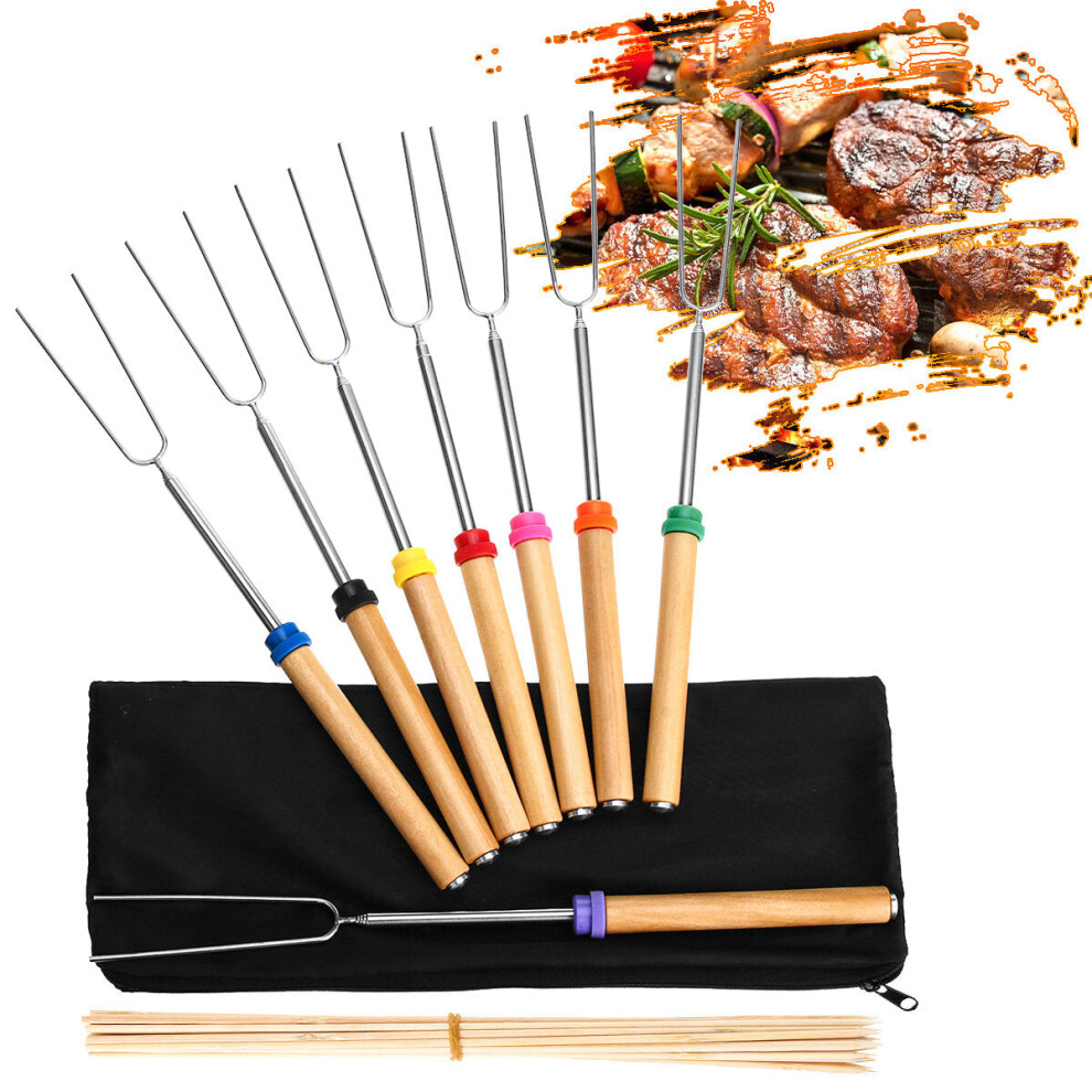 8PCS Roasting Sticks Telescoping 12"-32" Smore Sticks Skewers Set with Wooden Handle for BBQ Hot Dog Fork Fire Pit Camping Cookware-image-OPC-PFZR8RN-NEW
