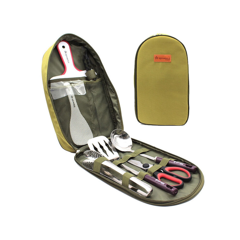 (Green) 7 pcs Camp Kitchen Utensil Organizer Travel Set Portable BBQ Camping Cookware Utensils Travel Kit
