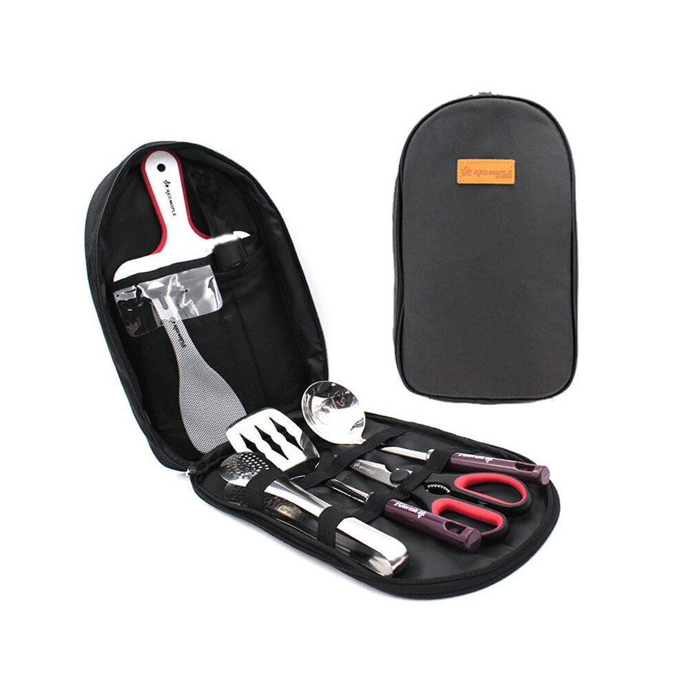 (Black) 7 pcs Camp Kitchen Utensil Organizer Travel Set Portable BBQ Camping Cookware Utensils Travel Kit