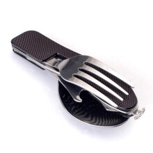 (Black) Stainless Steel Travel Kit Portable Army Green Folding Camping Picnic Cutlery Knife Fork Spoon Bottle Opener Flatware Tableware