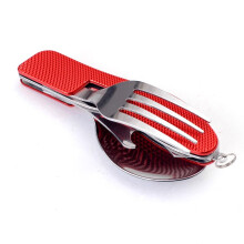 (Red) Stainless Steel Travel Kit Portable Army Green Folding Camping Picnic Cutlery Knife Fork Spoon Bottle Opener Flatware Tableware