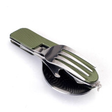 (Green) Stainless Steel Travel Kit Portable Army Green Folding Camping Picnic Cutlery Knife Fork Spoon Bottle Opener Flatware Tableware